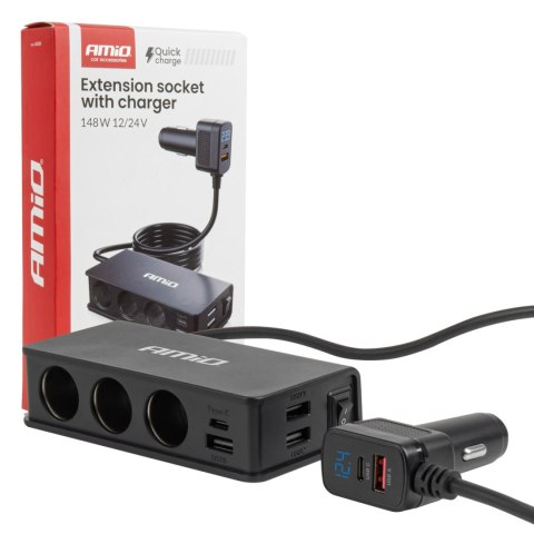 Rozdzielacz gniazda zapalniczki z ładowarką 3xusb-a usb-c qc 3.0 pd 3.0. 148w amio-04836