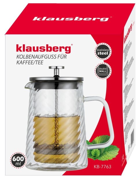 Zaparzacz tłokowy do kawy/herbaty, szkło, 0,60l, klausberg, kb-7763