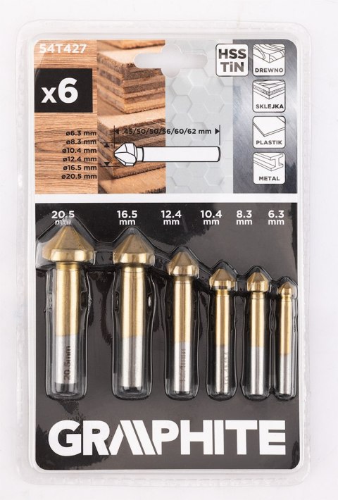 Wiertła fazujące stożkowe pogłębiacze TiN, 6.3 - 20.5 mm, zestaw 6 szt.