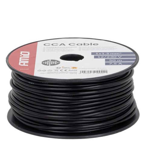 Przewód jednożyłowy czarny cca 1x1.5mm2 50m 7.5a 12/230v amio-04455