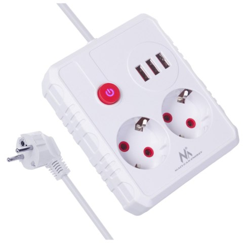Listwa zasilająca Maclean, przedłużacz 2 gniazda + 3xUSB, 110-240V AC 50/60Hz, 2.1A max 2500W, 1.5m, biała, MCE387 W
