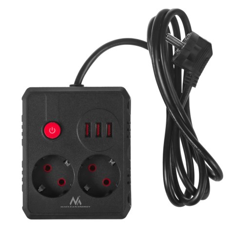 Listwa zasilająca Maclean, przedłużacz 2 gniazda + 3xUSB, 110-240V AC 50/60Hz, 2.1A max 2500W, 1.5m, czarna, MCE387 B