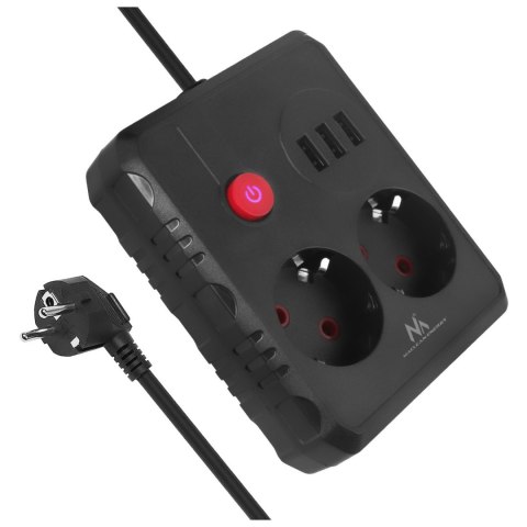 Listwa zasilająca Maclean, przedłużacz 2 gniazda + 3xUSB, 110-240V AC 50/60Hz, 2.1A max 2500W, 3 m, czarna, MCE388 B