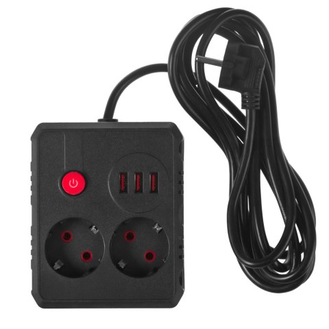 Listwa zasilająca Maclean, przedłużacz 2 gniazda + 3xUSB, 110-240V AC 50/60Hz, 2.1A max 2500W, 3 m, czarna, MCE388 B