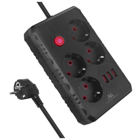 Listwa zasilająca Maclean, przedłużacz 4 gniazda + 3xUSB, 110-240V AC 50/60Hz, 2.1A max 2500W, 1,5m, czarna,MCE392 B