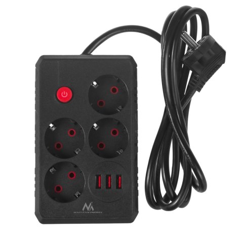 Listwa zasilająca Maclean, przedłużacz 4 gniazda + 3xUSB, 110-240V AC 50/60Hz, 2.1A max 2500W, 1,5m, czarna,MCE392 B