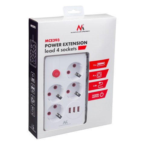 Listwa zasilająca Maclean, przedłużacz 4 gniazda + 3xUSB, 110-240V AC 50/60Hz, 2.1A max 2500W, 3m, biała,MCE393 W