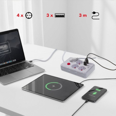 Listwa zasilająca Maclean, przedłużacz 4 gniazda + 3xUSB, 110-240V AC 50/60Hz, 2.1A max 2500W, 3m, biała,MCE393 W