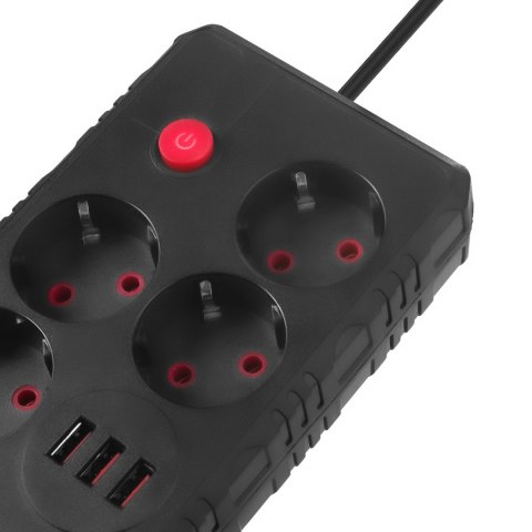 Listwa zasilająca Maclean, przedłużacz 4 gniazda + 3xUSB, 110-240V AC 50/60Hz, 2.1A max 2500W, 3m, czarna ,MCE393 B