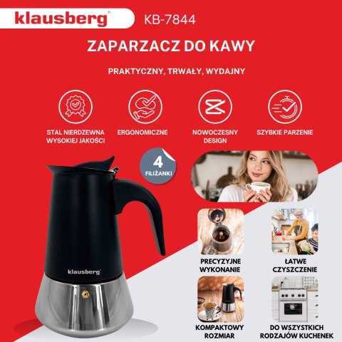 Zaparzacz do kawy espresso, stal nierdzewna, 4 filiżanki, czarny/srebrny, klausberg, kb-7844