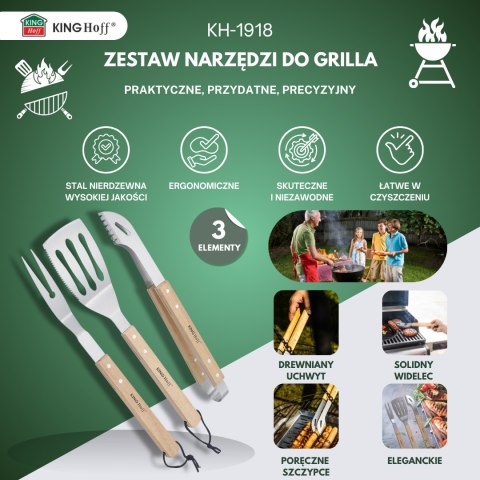Zestaw do grillowania, 3 elementy, drewniana rączka, stal nierdzewna, kinghoff, kh-1918