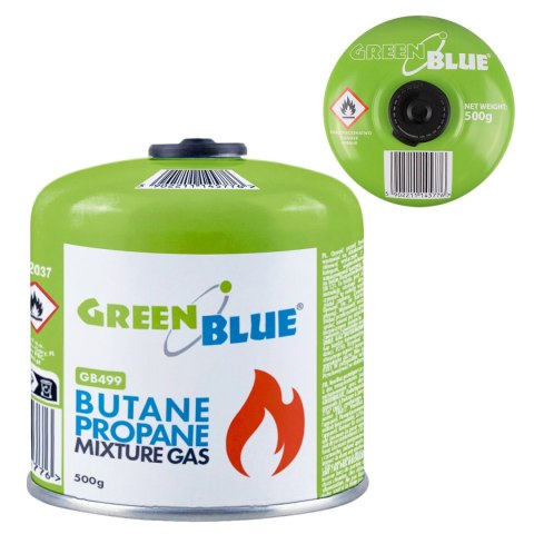 Kartusz gazowy 500g GreenBlue. certyfikat: Pi 0437, zgodny z EN417, butan-propan, zakres -10°c do+ 40°c, zawór 7/16", GB499