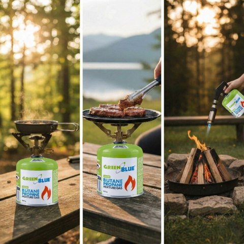 Kartusz gazowy 500g GreenBlue. certyfikat: Pi 0437, zgodny z EN417, butan-propan, zakres -10°c do+ 40°c, zawór 7/16", GB499