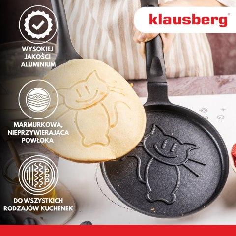 Patelnia do naleśników, wzór kotek, aluminiowa, nieprzywierająca powłoka, czarna, śr.18 cm, klausberg, kb-7973