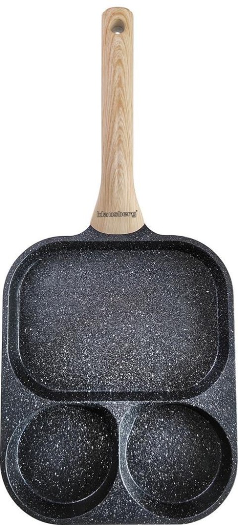 Patelnia prostokątna z powłoką nieprzywieralną, 3 sekcje, czarna z drewnopodobną rączką, 41x19,2x2,8cm, klausberg, kb-7827