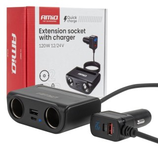 Rozdzielacz gniazda zapalniczki z ładowarką usb-c usb-a qc3.0 pd3.0 120w amio-04837