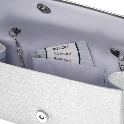 Elegancka kopertówka damska w srebrnym kolorze wykonana ze skóry ekologicznej, zawieszona na łańcuszku - Rovicky