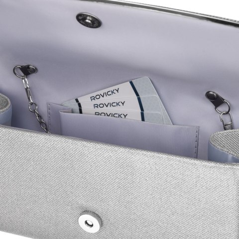 Srebrna, elegancka torebka damska wykonana z tkaniny syntetycznej zamykana klipsem magnetycznym - Rovicky