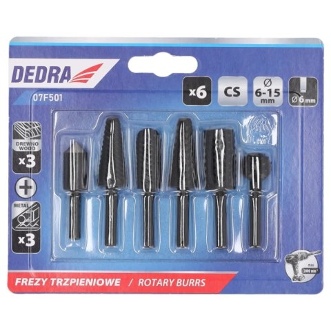 Frezy trzpieniowe do metalu i drewna 6szt zestaw, trzpień 6mm