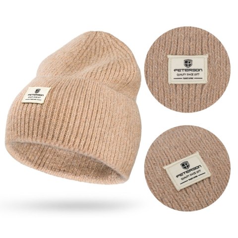 Beżowa czapka damska beanie w uniwersalnym rozmiarze z logo marki - Peterson