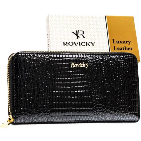 Lakierowany portfel w typie piórnika ze skóry naturalnej w czarnym kolorze zamykany na suwak - Rovicky