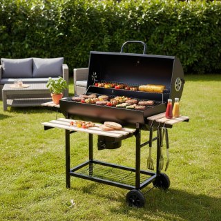 Duży grill ogrodowy, węglowy, pokrywa + półki + popielnik
