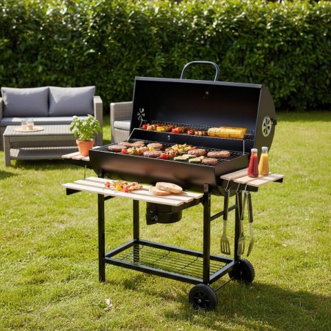 Duży grill ogrodowy, węglowy, pokrywa + półki + popielnik