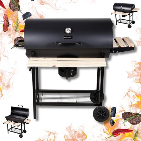 Duży grill ogrodowy, węglowy, pokrywa + półki + popielnik