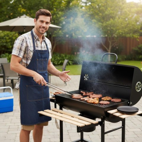 Duży grill ogrodowy, węglowy, pokrywa + półki + popielnik