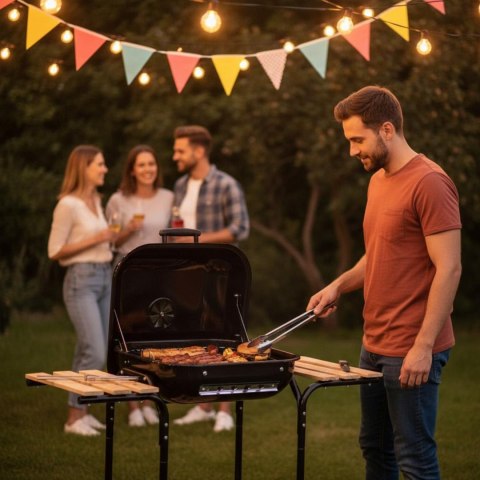 Grill ogrodowy, węglowy, z pokrywą, z półkami i kółkami