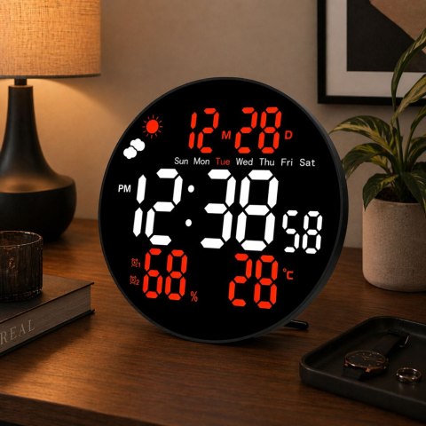 Zegar Ścienny Cyfrowy LED Data Temperatura Wilgotność Alarm Pilot 25 cm