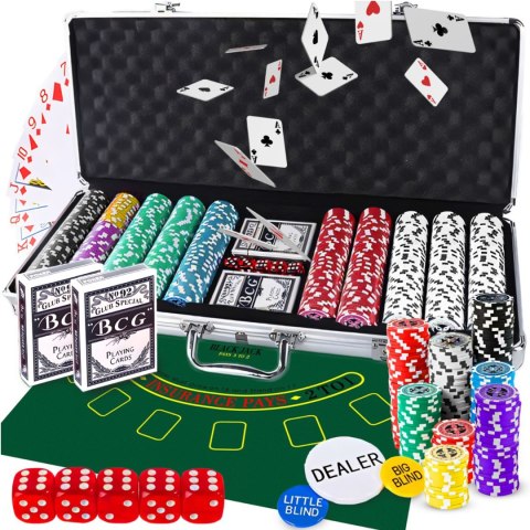 Zestaw do pokera 500 żetonów walizka karty texas kostki żetony poker duży - dr294