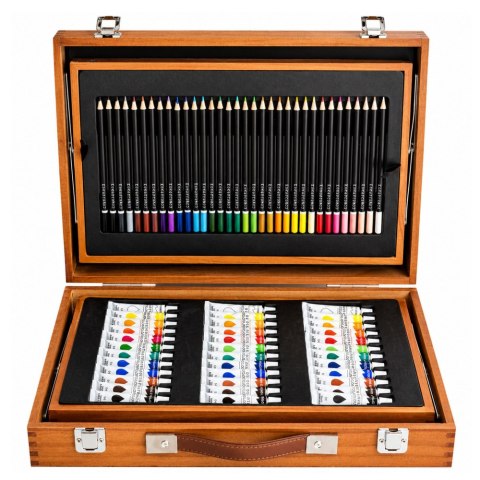 Duży Zestaw Artystyczny W Drewnianej Walizce Do Malowania Rysowania 174 el.