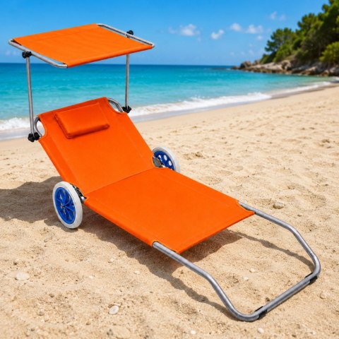 Leżak Plażowy Na Kółkach Ogrodowy Składany Daszek Metalowy Pomarańczowy