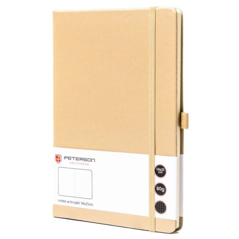Beżowy notes w formacie A5 zadrukowany w kropki, wyposażony w gumkę zamykającą - Peterson