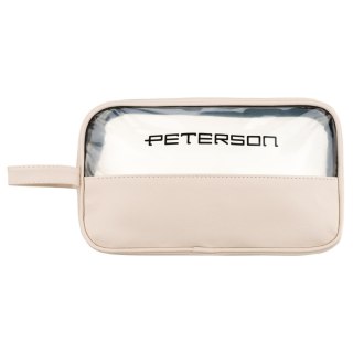 Kosmetyczka z tkaniny syntetycznej w beżowym kolorze wyposażona w przezroczysty panel - Peterson