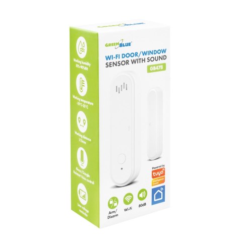 Bezprzewodowy kontraktron / czujnik otwarcia WiFi GreenBlue, Android/iOS, do drzwi / okien, 3.0V DC, LR03x2, z alarmem, GB478
