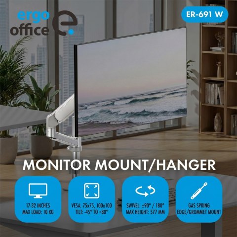 Uchwyt / wieszak na monitor Ergo Office, sprężyna gazowa, 17"-32", 1-10kg, biały matt, max. VESA 100x100, ER-691 W