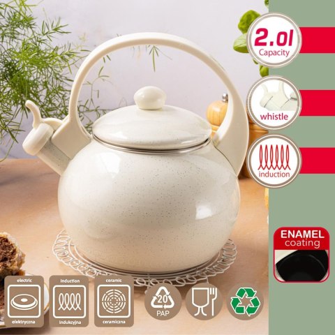 Czajnik emaliowany, z gwizdkiem, 2l, biały, kinghoff, kh-2040