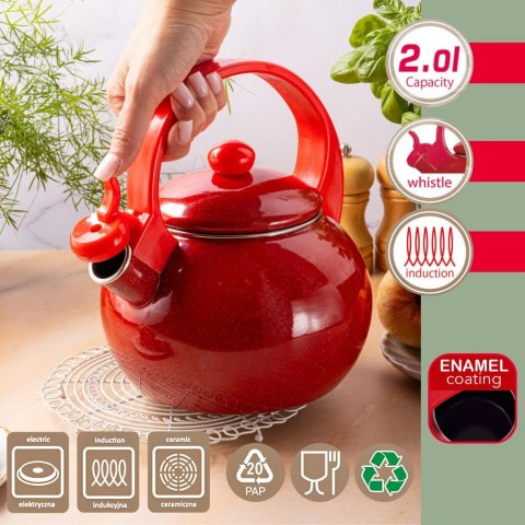Czajnik emaliowany, z gwizdkiem, 2l, czerwony, kinghoff, kh-2080