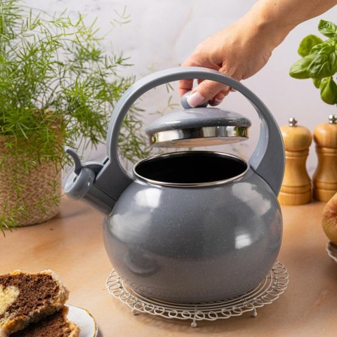 Czajnik emaliowany, z gwizdkiem, 2l, szary, kinghoff, kh-2079