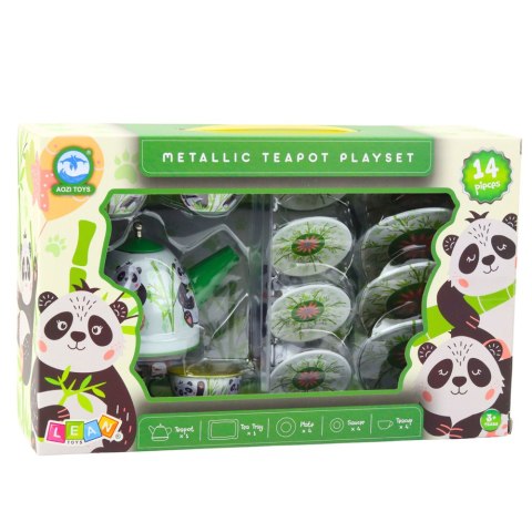 Zestaw Do Herbaty Metalowy Dzbanek Filiżanka Talerzyki Panda Zielony 14el