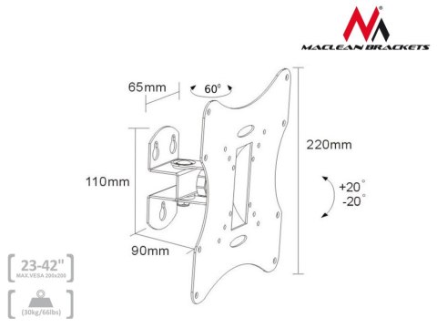 Uchwyt / wieszak do TV lub monitora Maclean, uniwersalny, max VESA 200x200, 23-50", 30kg, czarny, MC-501A B