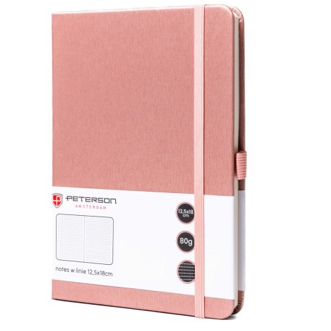 Różowy notes w formacie B6 zadrukowany w linie, wyposażony w gumkę zamykającą - Peterson