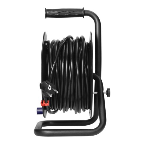 Przedłużacz bębnowy, 4 gniazda 2P+Z, kabel PVC H05VV-F 3x1,5mm-, długość 25m, stałe gniazda, termik, przesłony torów prądowych.