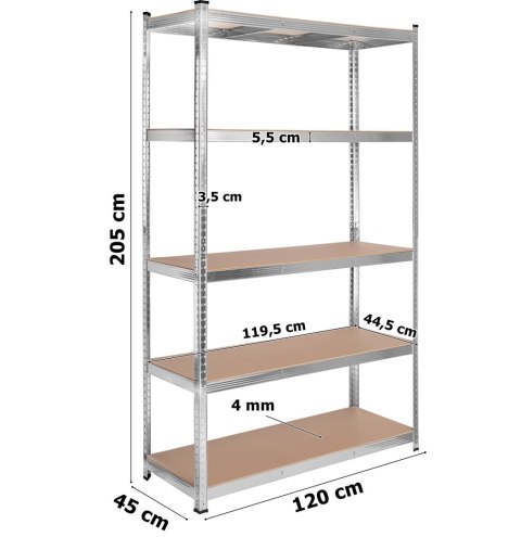 Regał stalowy magazynowy 200kg 5 poziomów 205x120x45 cm ocynkowany