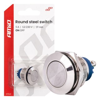 Włącznik płaski okrągły stalowy on/off 19mm 5a 12/230v amio-04474