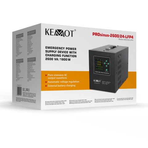 Zasilacz awaryjny KEMOT PROsinus-2600/24-LFP4 przetwornica z czystym przebiegiem sinusoidalnym i funkcją ładowania 24V 230V 26