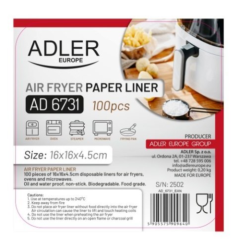 AD 6731 Papierowe wkłady do frytkownicy - 16 cm| 100 szt. | do 240°c | biodegradowalne