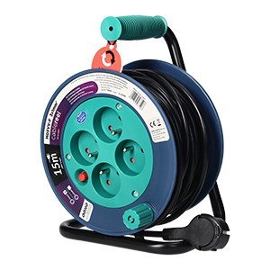 Przedłużacz bębnowy MINI, 4 gniazda 2P+Z, metalowy stojak, polwinit H05VV-F 3x1mm-, długość 15m, turkusowy